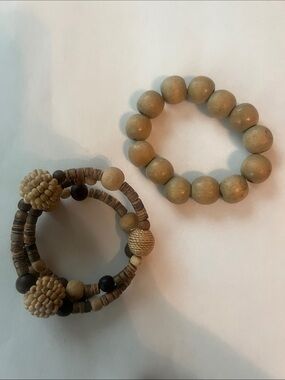 Natural Wood Bead Stretch Bracelets - Set of 2